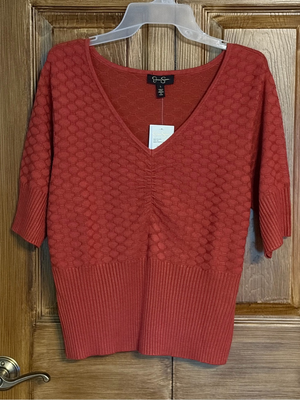 Jessica Simpson Brick Red V-Neck Textured Short-Sleeve Sweater